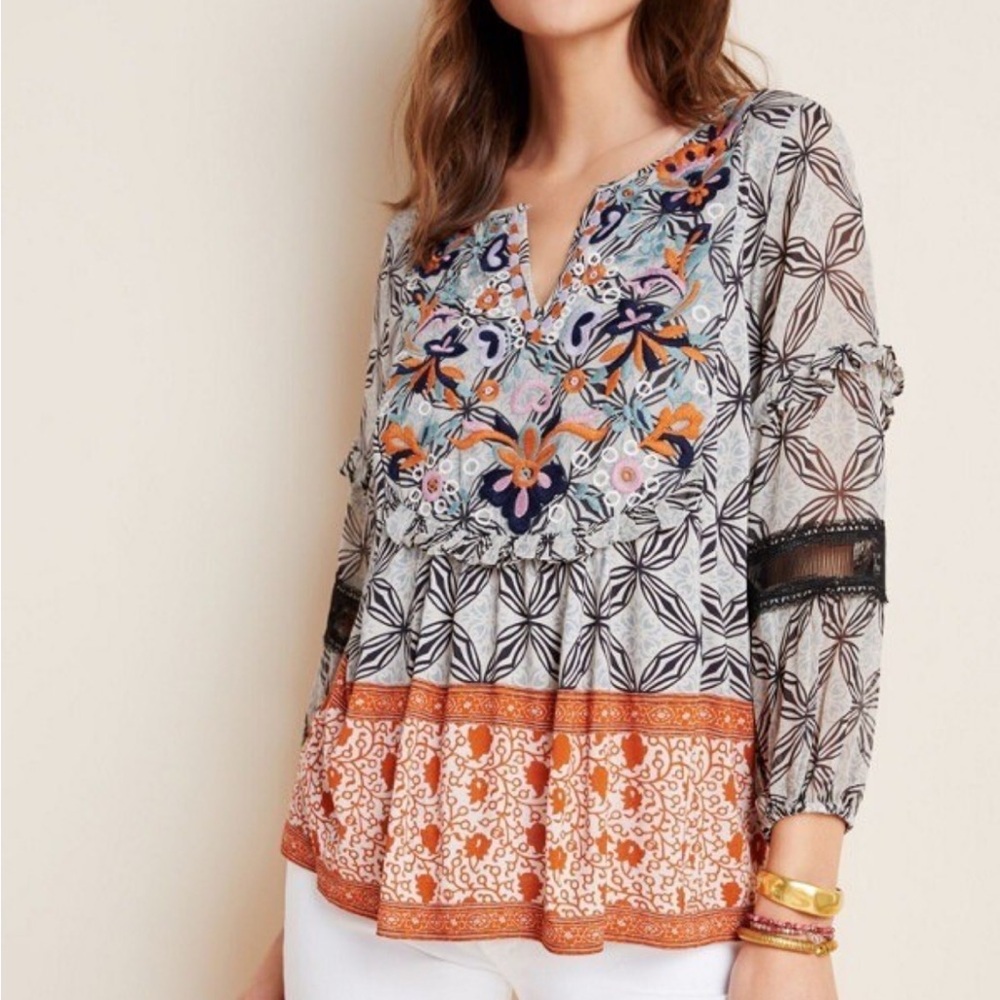 Anthropologie Terri Embroidered Mixed Print Top Size S
